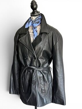 Vintage Black Leather Belted Jacket Double Breasted 90s Minimalist Short Trench